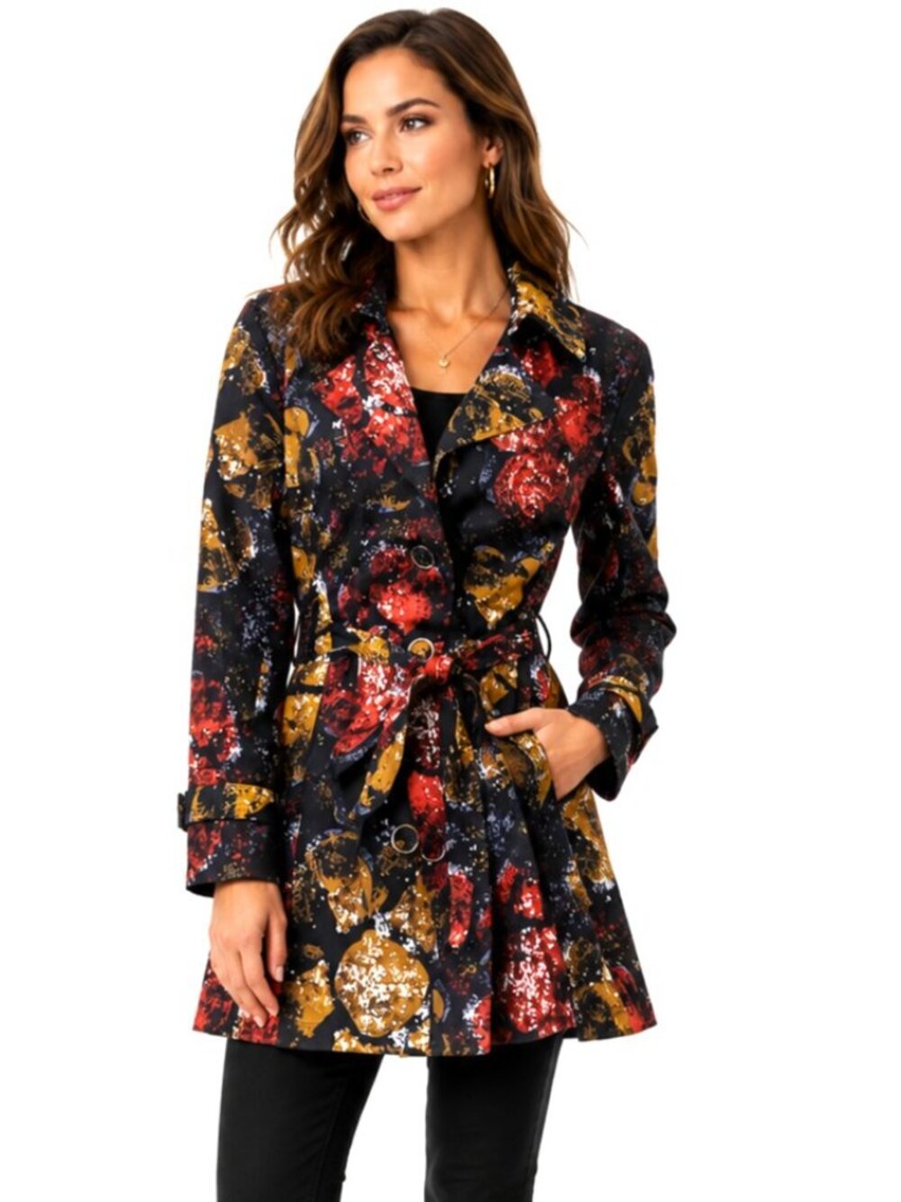 Vertigo Paris Abstract Print Belted Trench Coat